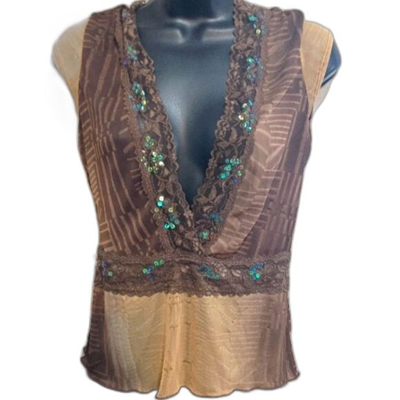 Rampage Shirt Large Y2K Vintage Brown Sleeveless Sheer Top with Sequin Details - Picture 1 of 12
